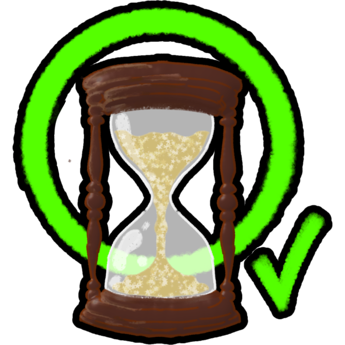  a wooden hourglass with gold sand, above it and behind is a green circle and a check mark.